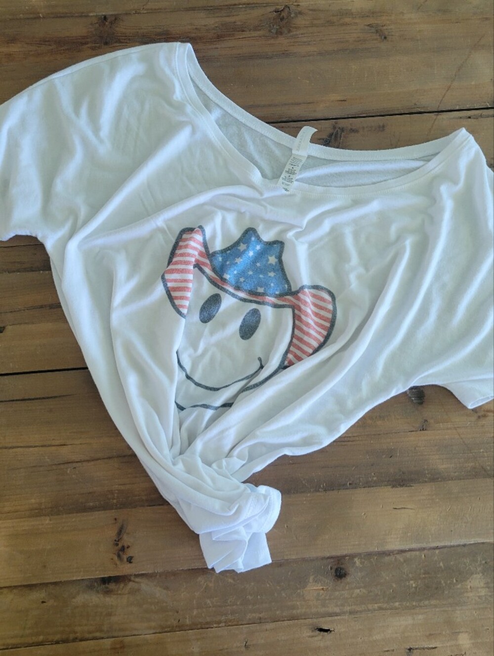 White Graphic Tee with American Flag Cowboy Hat